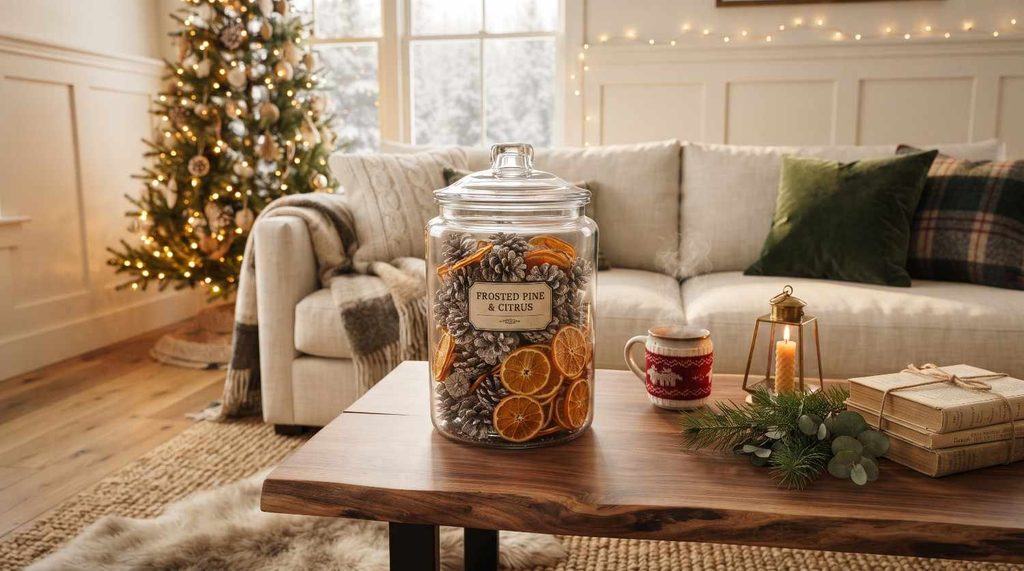 Frosted Pinecones in Glass Apothecary Jars