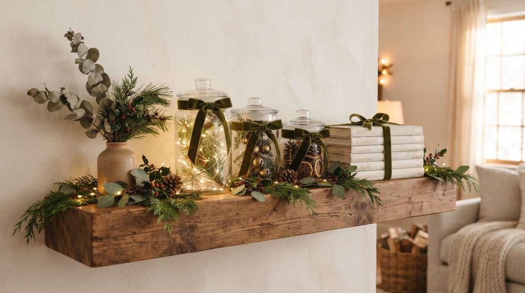 Speckled ceramic tealight holders with star cutouts glowing warmly on a rustic wooden shelf.