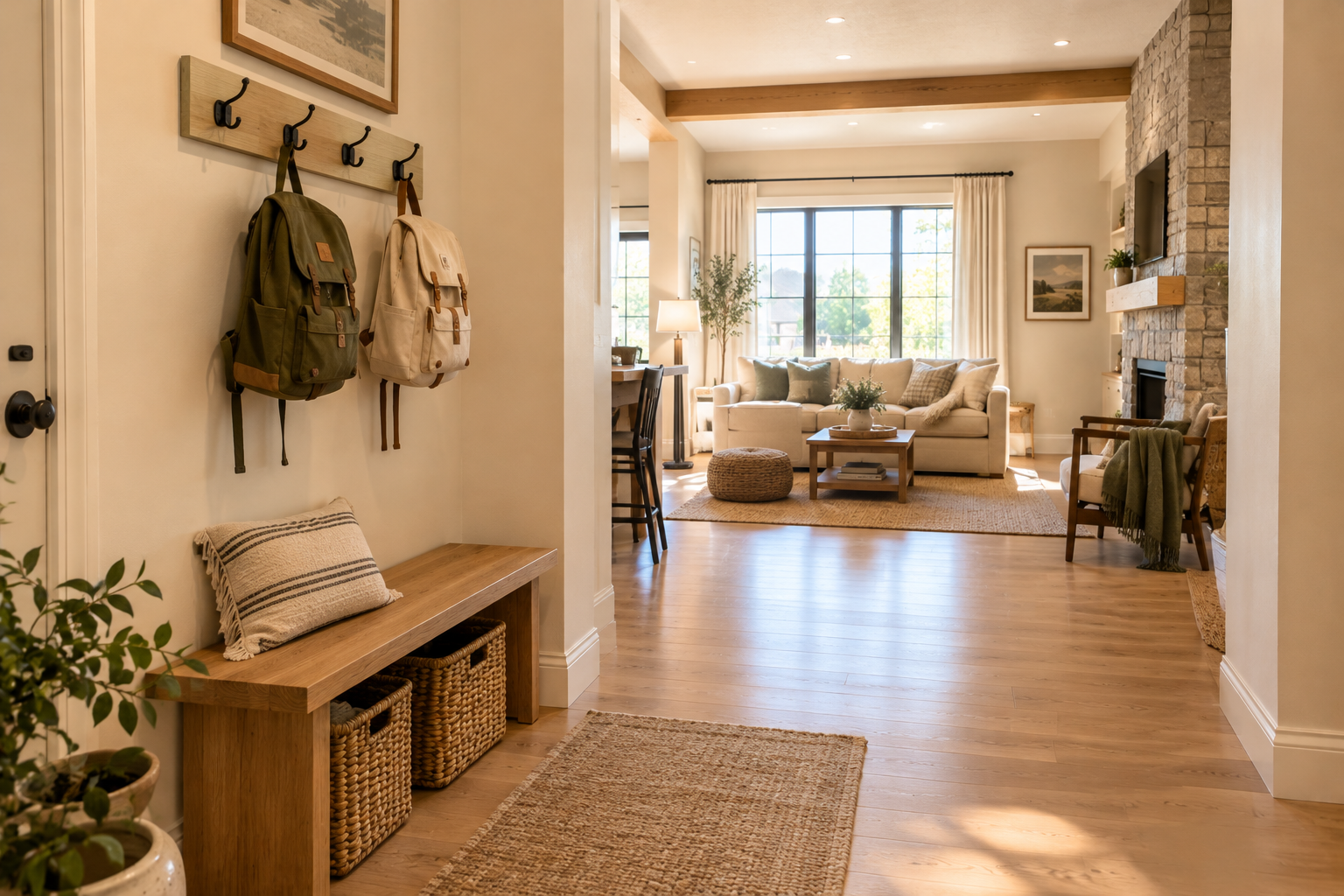 Warm Farmhouse Entryway and Living Room