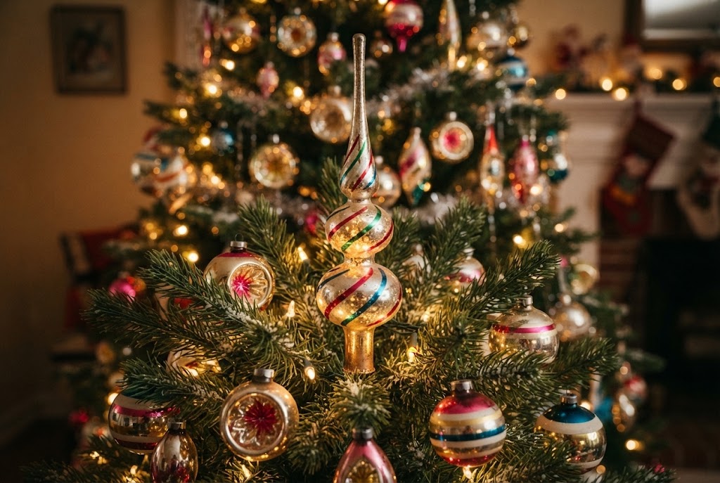 A glowing vintage glass finial topper crowns the retro Christmas tree.