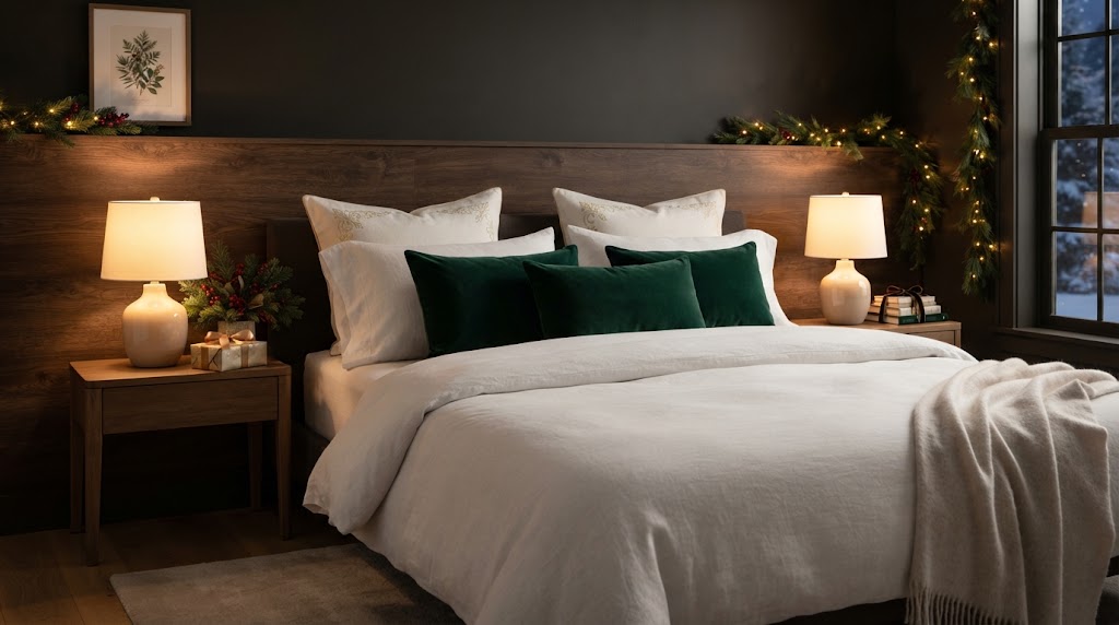Luxurious holiday bedroom with emerald velvet pillows and warm lighting.