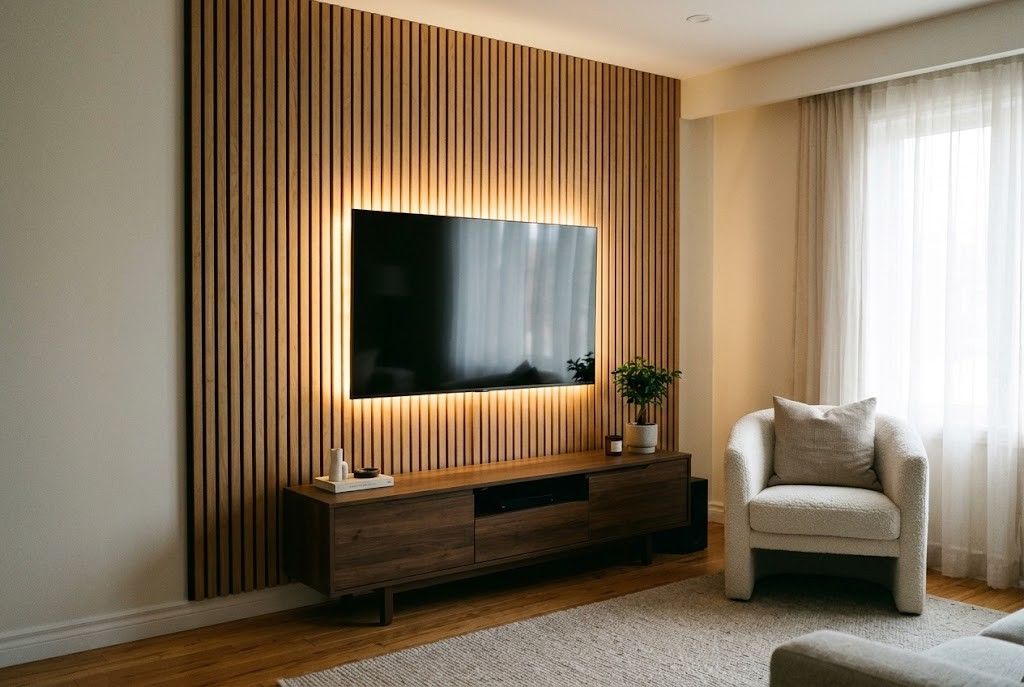 A sleek wall-mounted television featuring a warm oak vertical slat wall panel with soft ambient LED backlighting in a cozy small living room