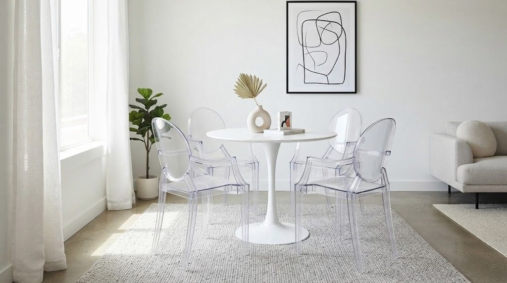 Clear acrylic ghost chairs surrounding a round table in an airy minimalist living room.