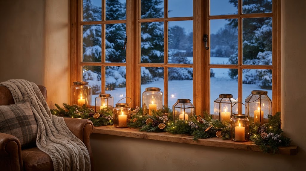 Glowing glass candle lanterns create a warm, cozy holiday ambiance.
