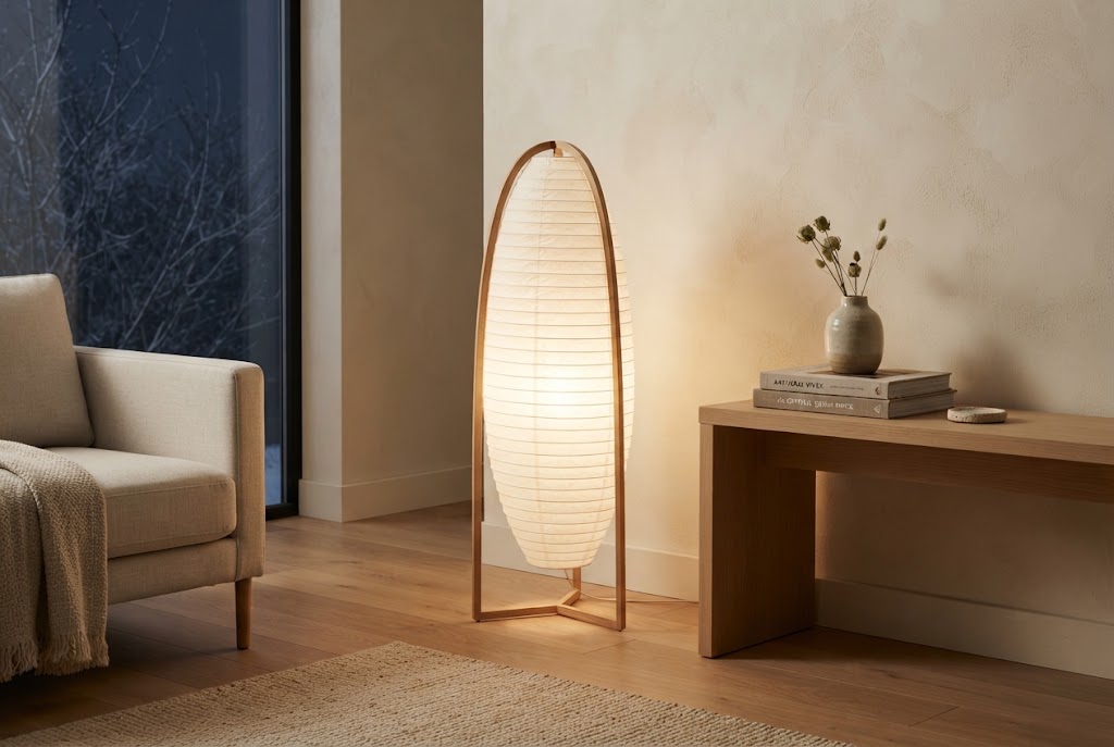Rice paper floor lamp casting a warm glow.