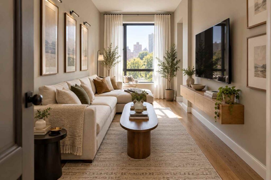 Warm Minimalist Living Room Perspective
