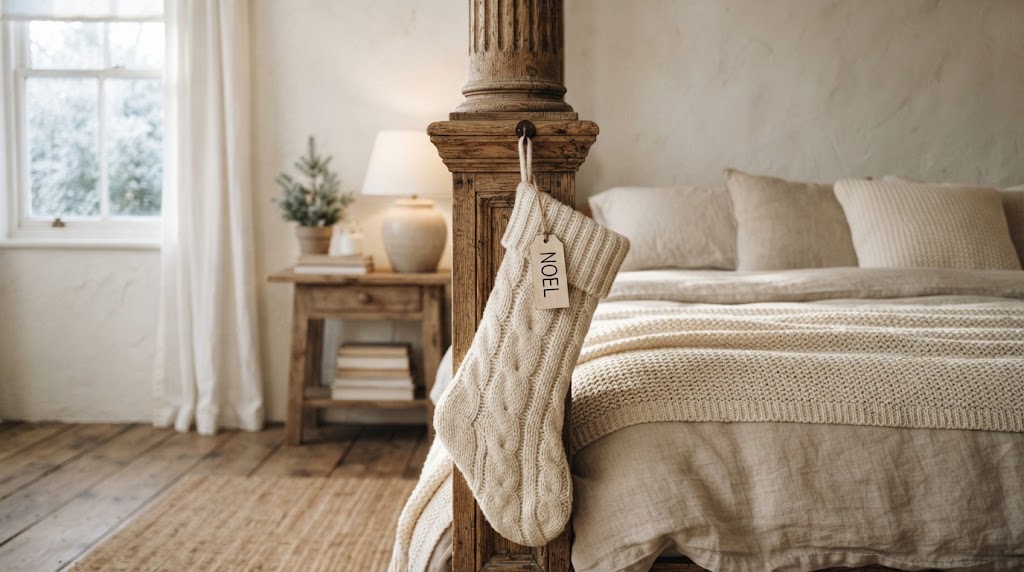 Cozy bedroom with a cable-knit Christmas stocking on a wooden bedpost