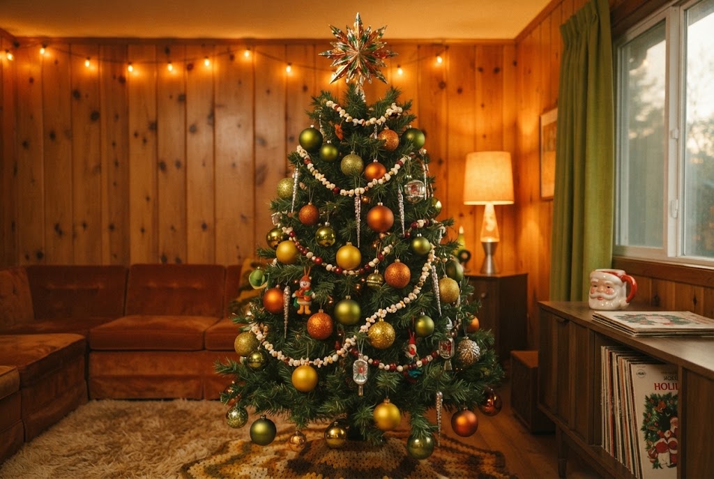 Groovy 1970s earth tones bring cozy retro warmth to the holidays.