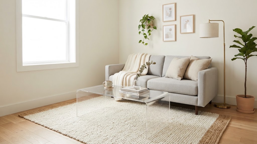 Use an acrylic coffee table for an invisible, space-saving touch.