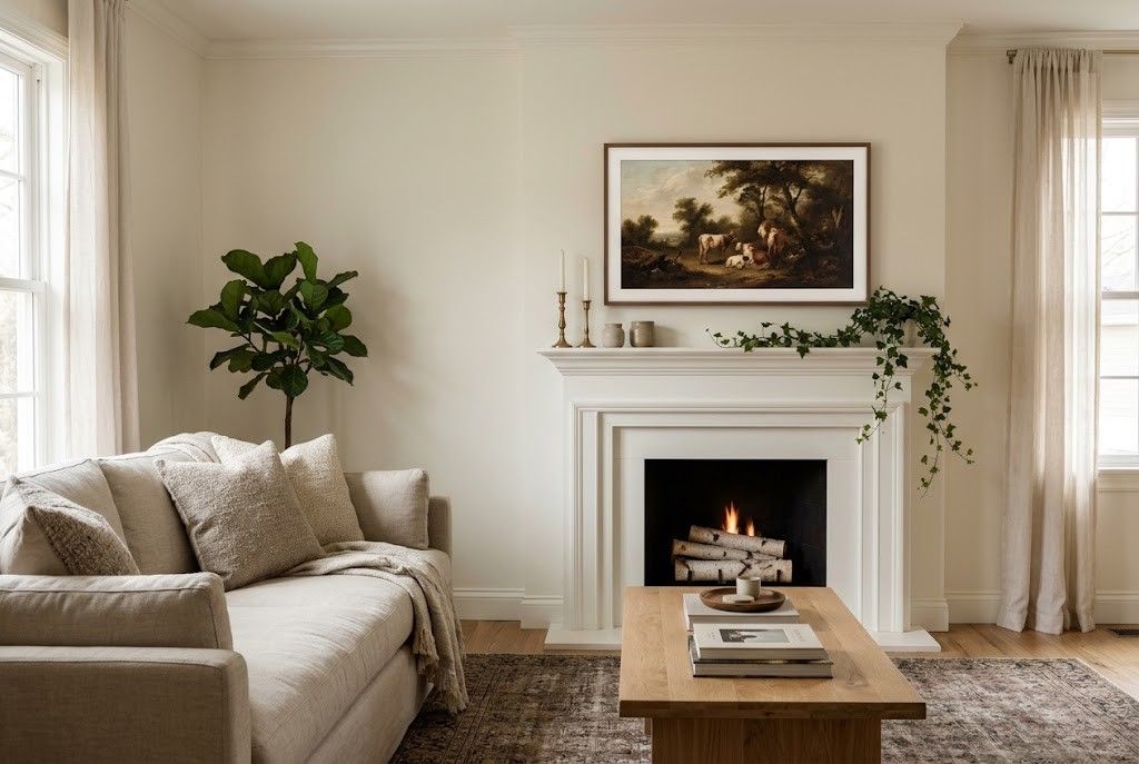 A Samsung Frame TV displaying vintage artwork above a classic white fireplace in a cozy small living room.