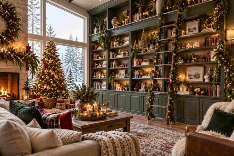 Christmas Living Room Bookcase Decor