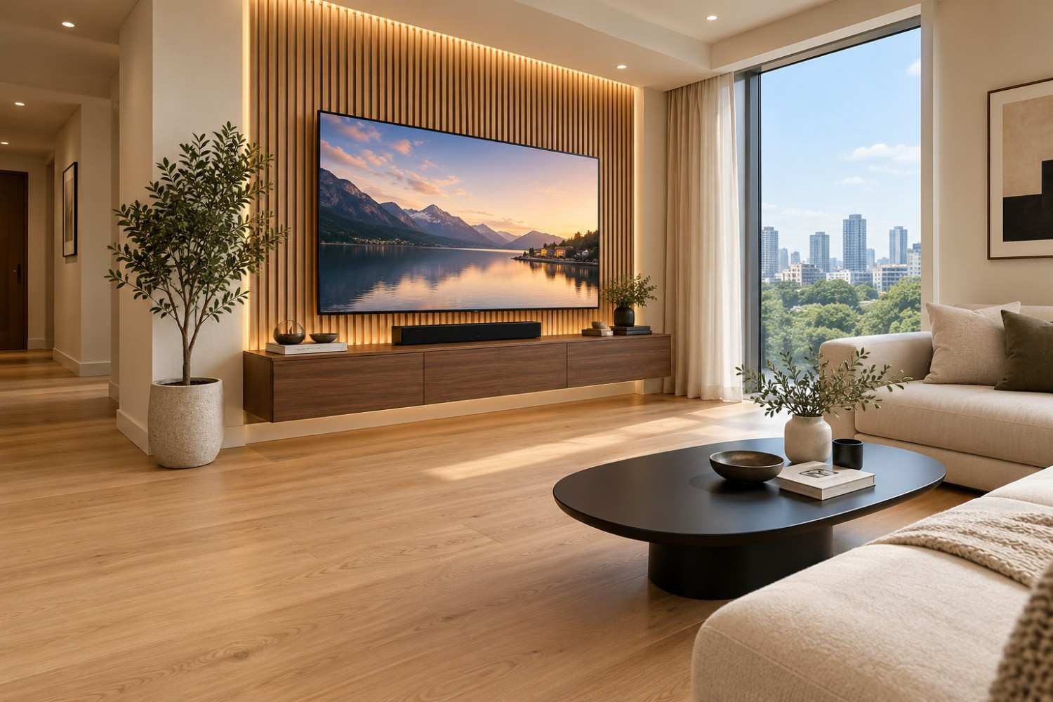 Modern Living Room with Scenic TV Wall