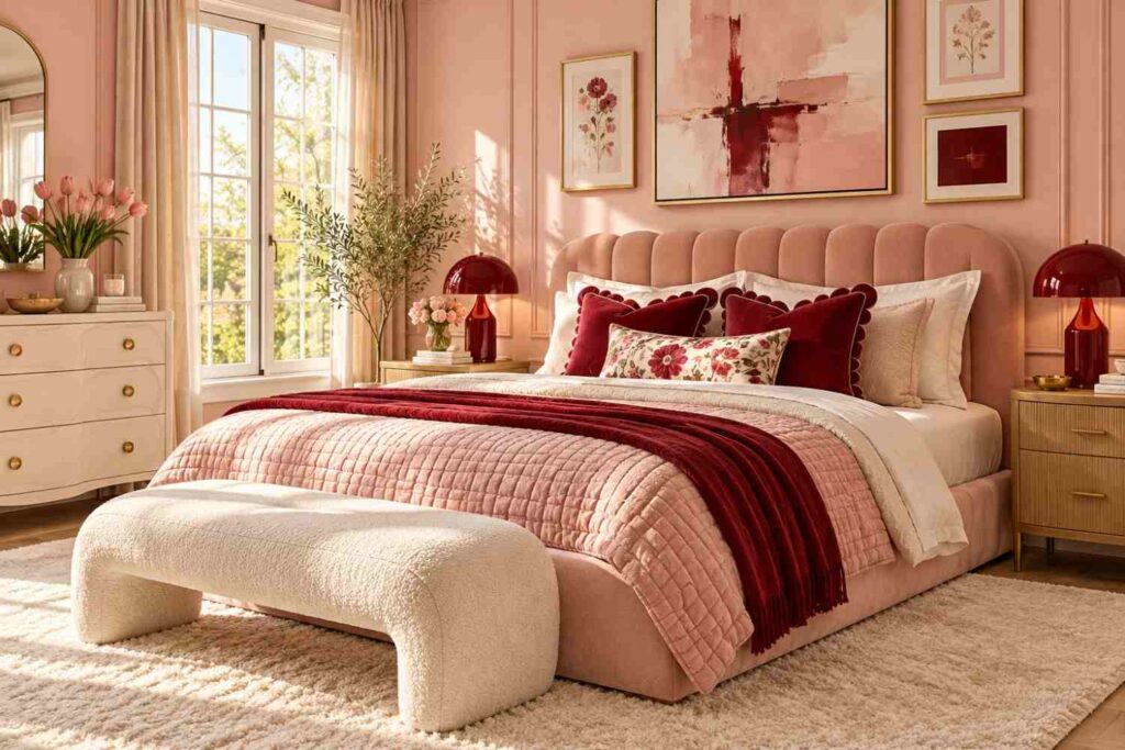Romantic Blush and Crimson Bedroom