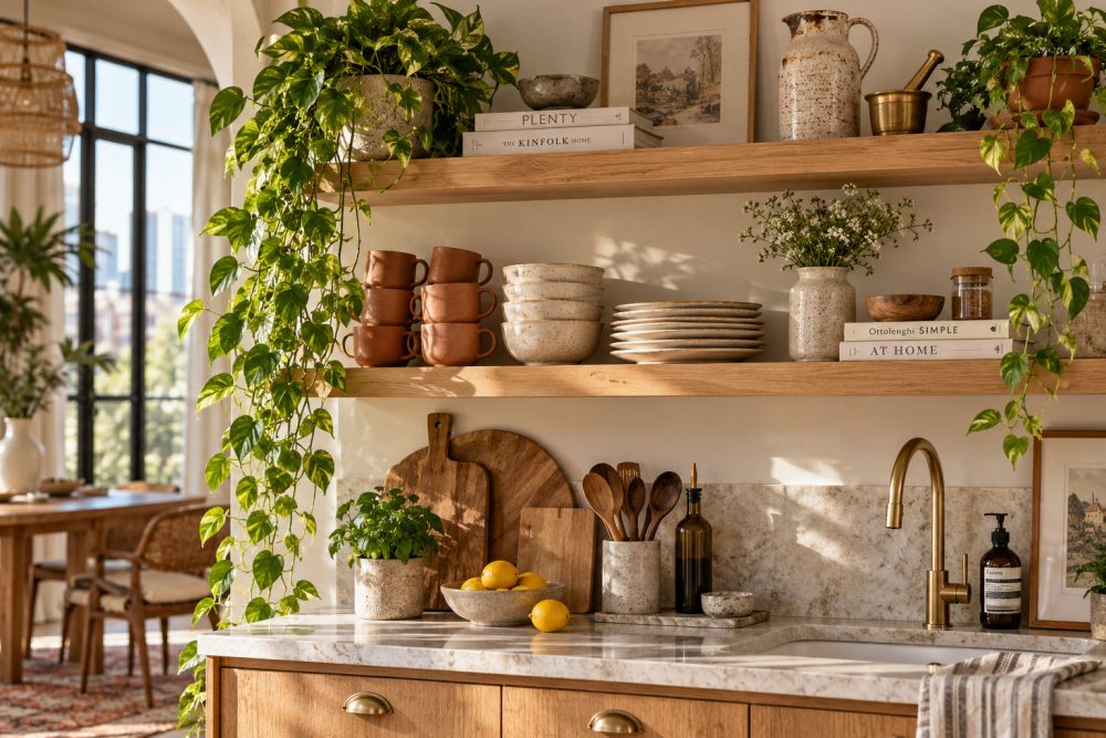 Sunlit Boho Kitchen Shelves