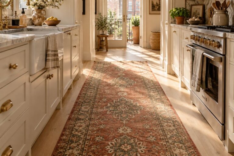 Sunlit Farmhouse Kitchen with Vintage Runner