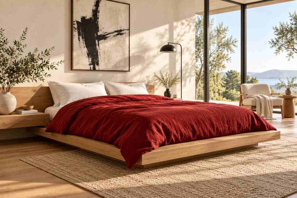 Sunlit Minimalist Bedroom with Red Linen