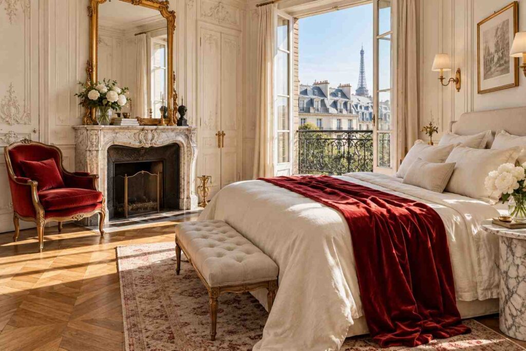Sunlit Parisian Bedroom with Eiffel Tower