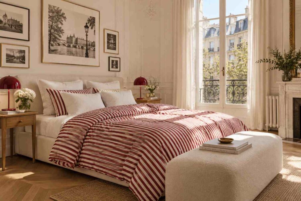 Sunlit Parisian Bedroom with Red