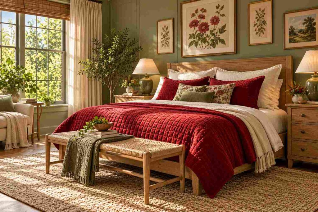 Sunlit Sage and Burgundy Bedroom