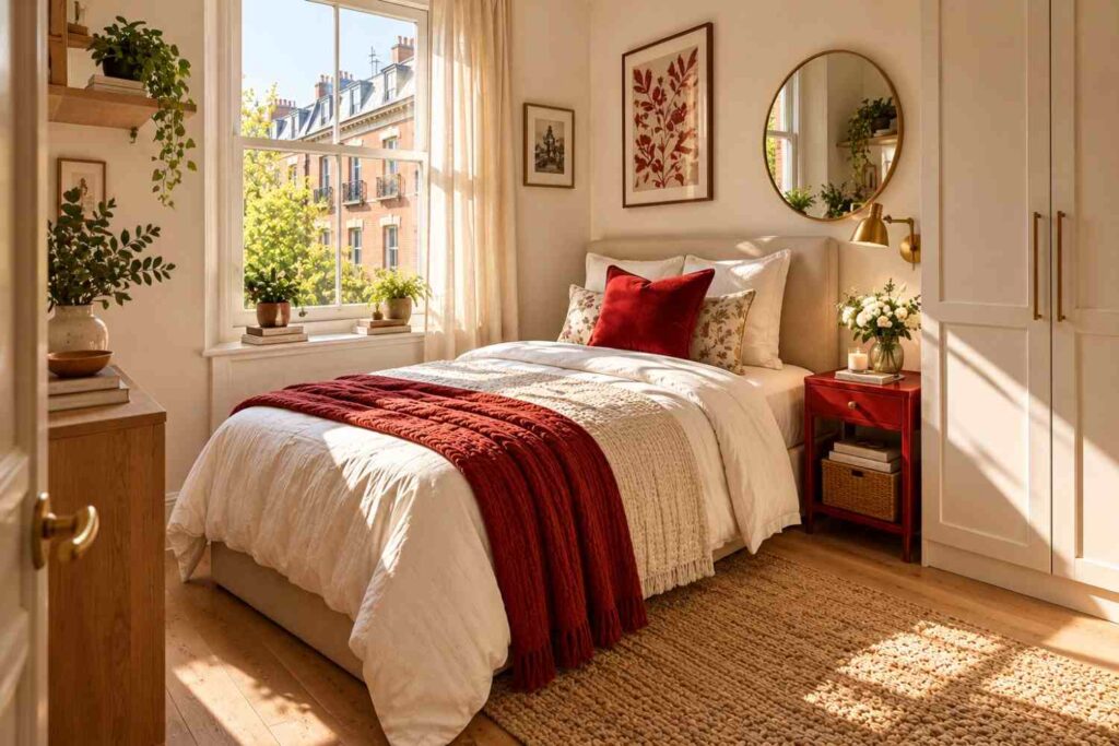 Sunlit Scandinavian Bedroom with Red Accents
