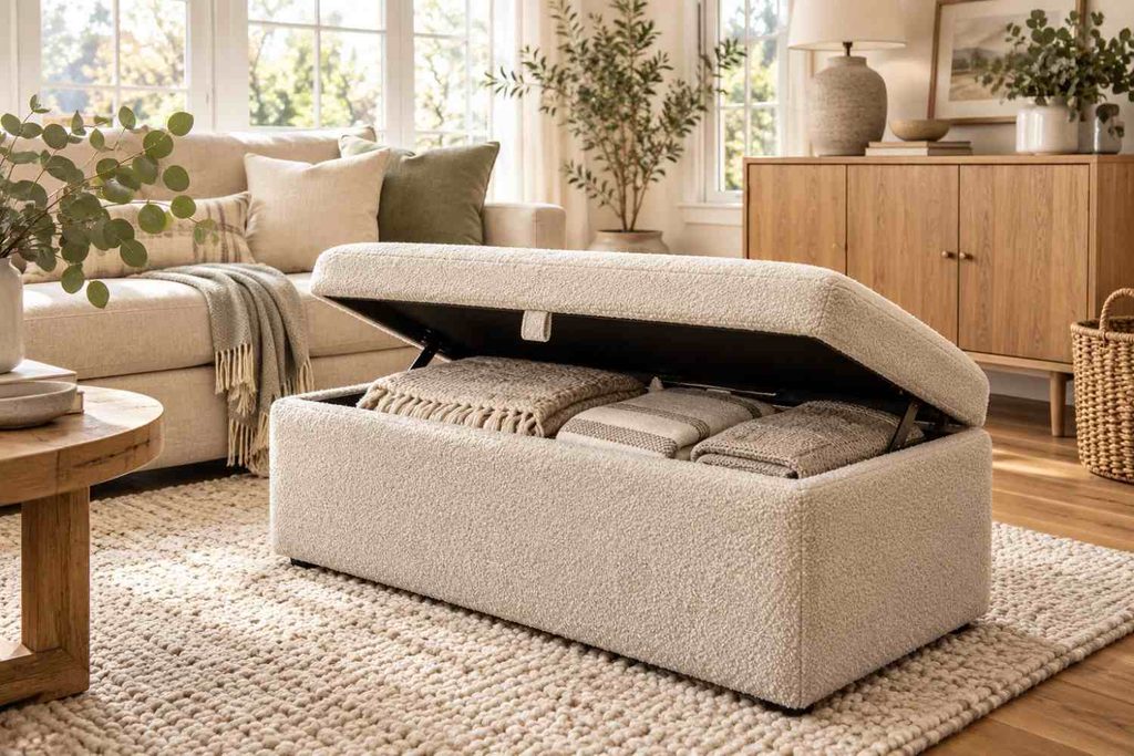 Sunlit Scandinavian Living Room with Storage Ottoman