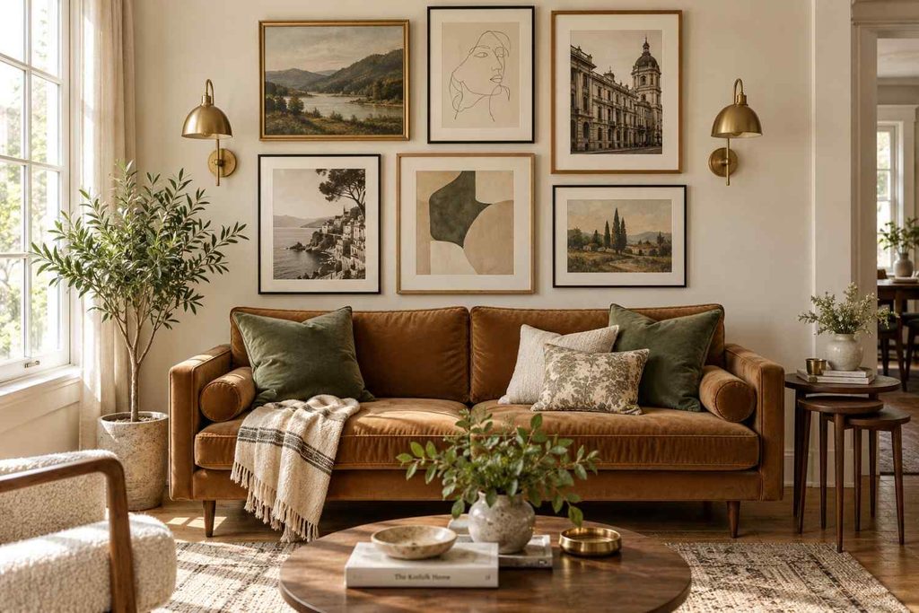 Warm Mid-Century Gallery Living Room