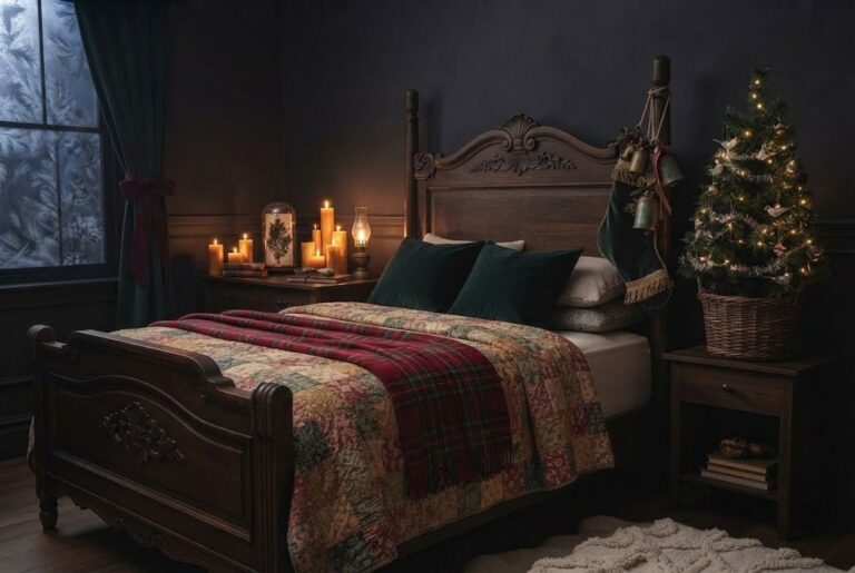 dark moody vintage holiday master suite