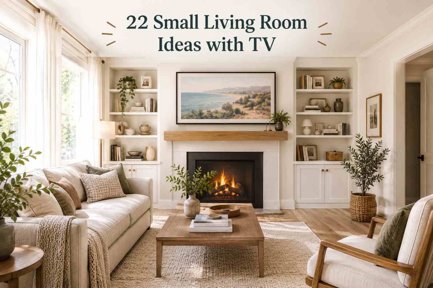 Discover 22 small living room ideas with TV that combine comfort, style, and smart space-saving design. Get inspired by this bright, cozy living room featuring a Samsung Frame TV, a warm fireplace, white built-in shelves, a neutral sofa, natural wood accents, and soft textures. Perfect for creating a beautiful, functional small living room with a modern, inviting feel.
