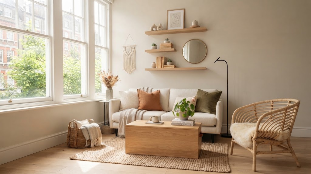 A warm, sunlit neutral living room featuring floating wooden shelves, a cozy sofa, an oak storage ottoman, and large light-filled windows.