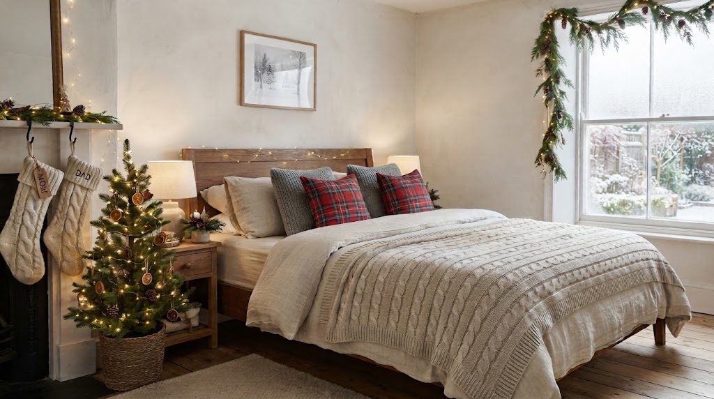 Transform your master bedroom into a magical winter wonderland with layered neutral bedding, classic red tartan accents, and glowing holiday lights.