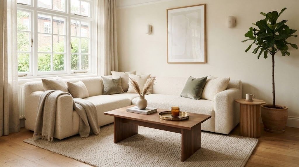A small, bright living room featuring a cream sectional sofa, minimalist wooden coffee table, and large windows streaming natural sunlight.
