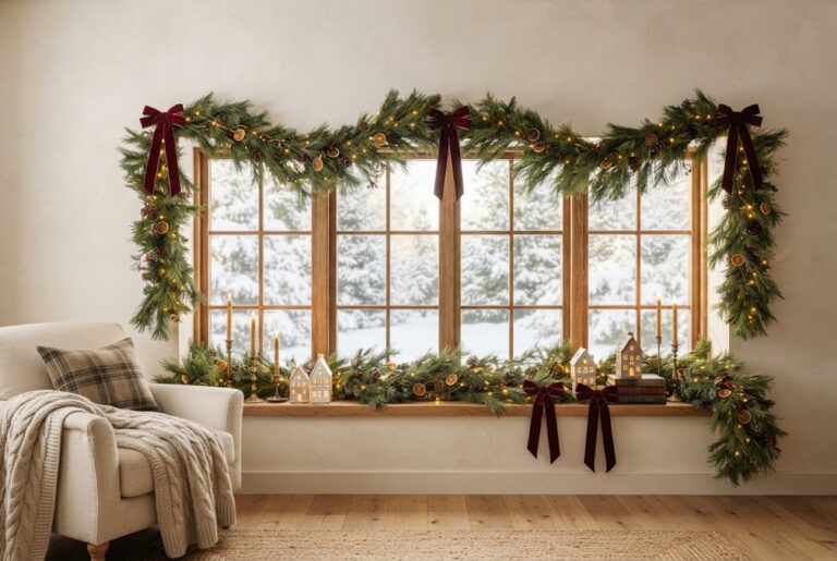 Transform your living room into a festive winter wonderland with lush pine garlands, warm fairy lights, and velvet bows.