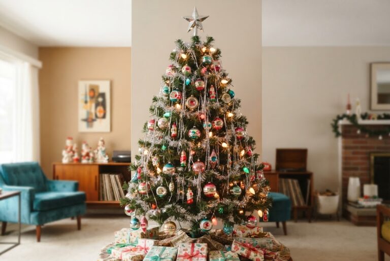 Mid-century modern Christmas tree decorated with colorful Shiny Brite glass ornaments, tinsel, and C7 ceramic lights in a cozy vintage living room.