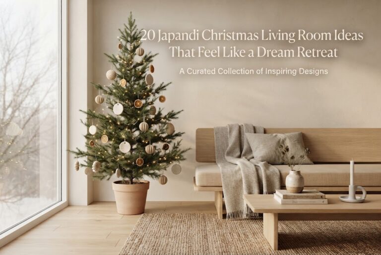 Minimalist Japandi living room decorated for Christmas with a slim evergreen tree.