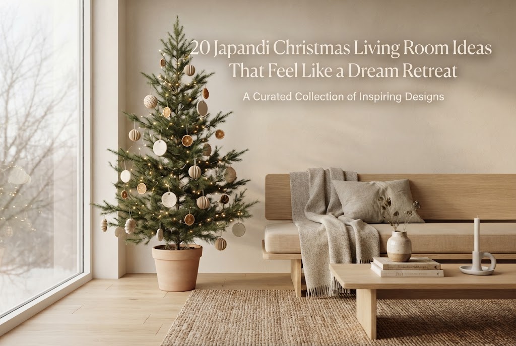 Minimalist Japandi living room decorated for Christmas with a slim evergreen tree.