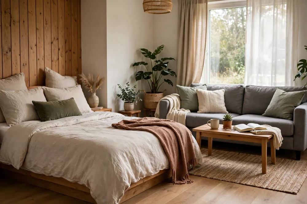 Bed and couch in one room