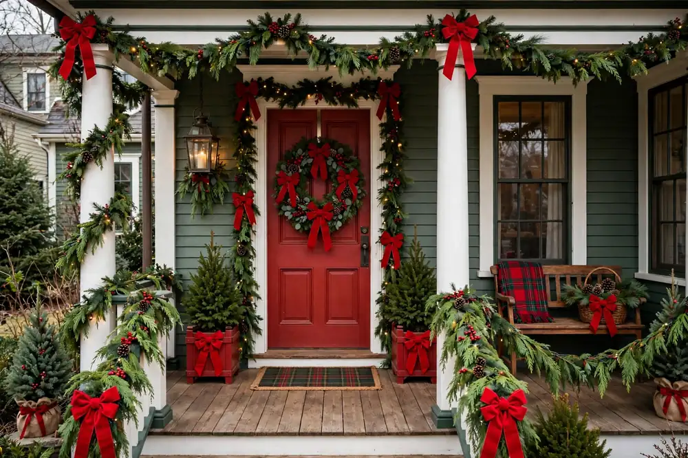 Classic red and green front porch