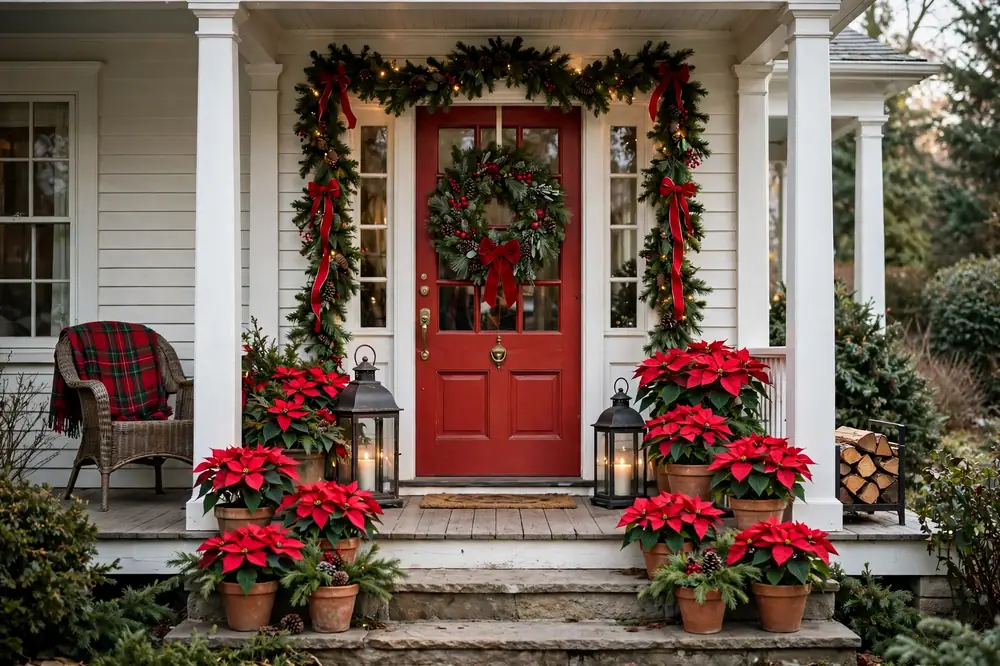 Classic red and green Christmas front porch