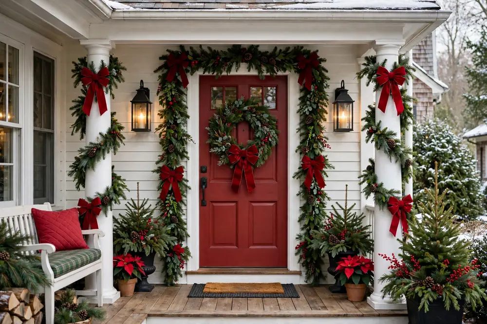 Classic red and green Christmas porch