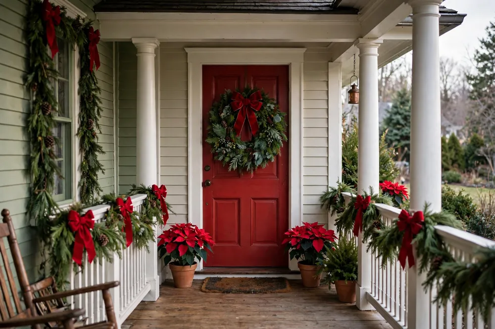 Classic red and green Christmas porch