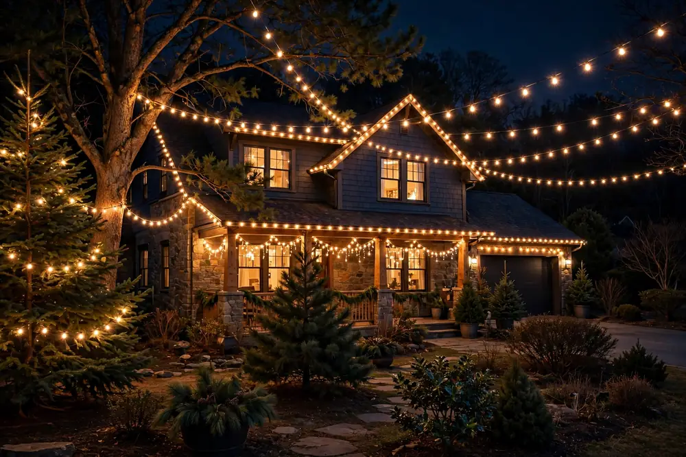 Outdoor string lights on a house