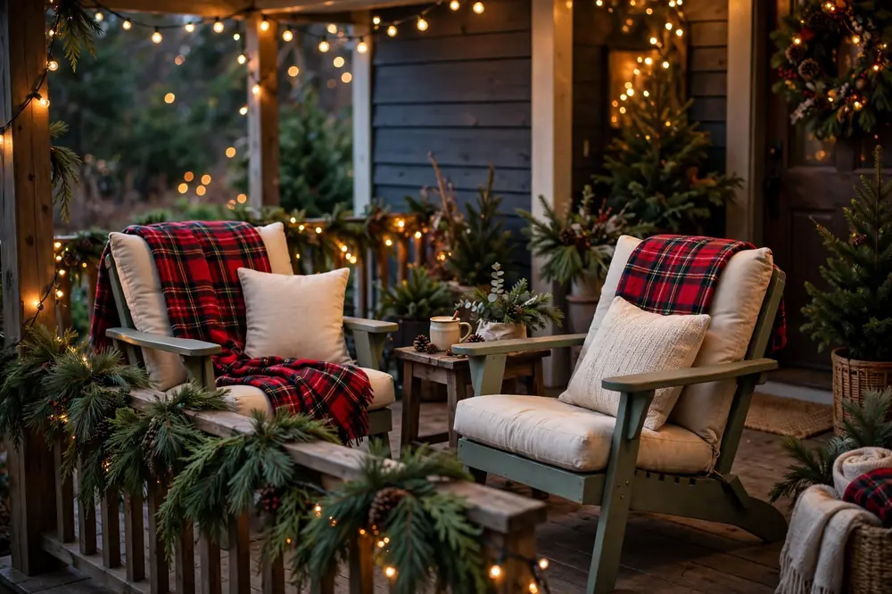 Cozy plaid blanket porch chairs
