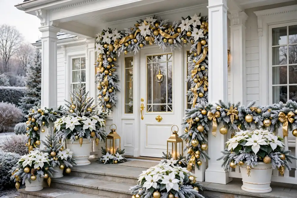 Elegant white and gold Christmas porch