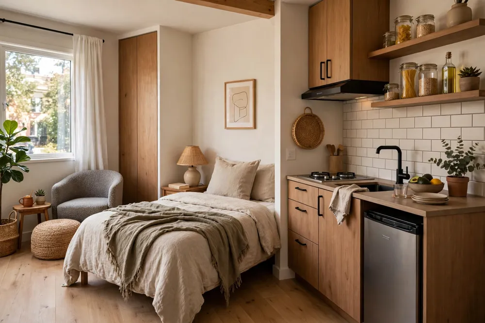 Airbnb studio compact kitchen
