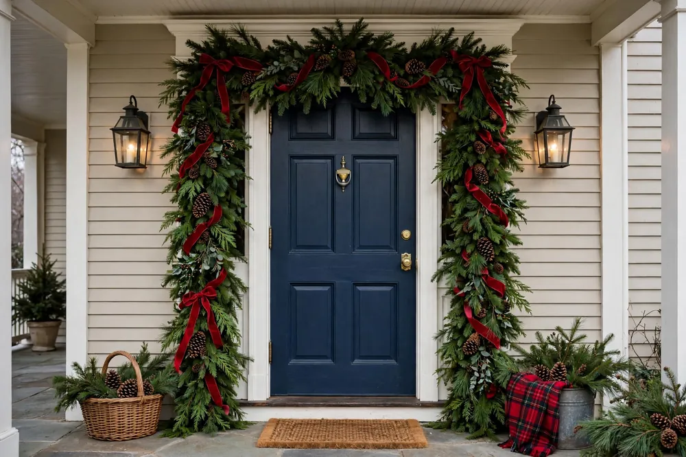 Traditional evergreen garland door frame