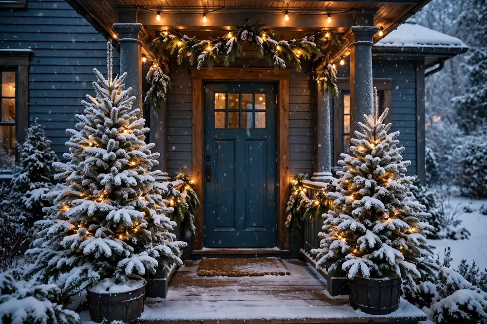 Flocked trees flanking a door