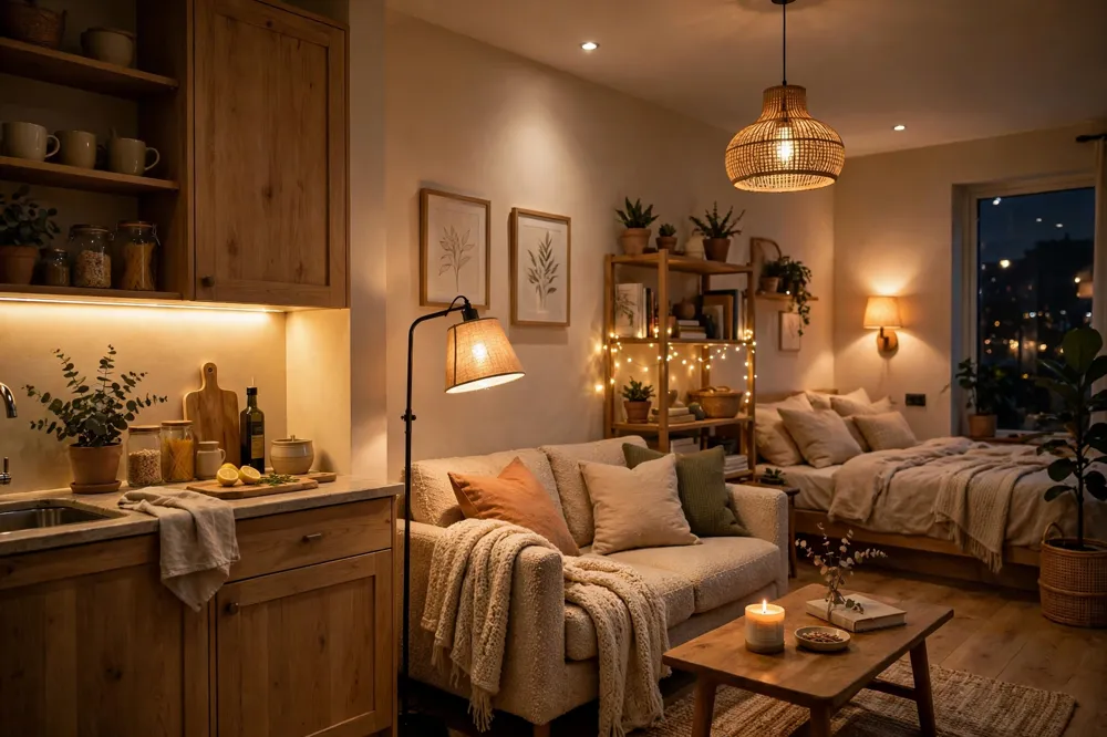 Studio apartment layered lighting