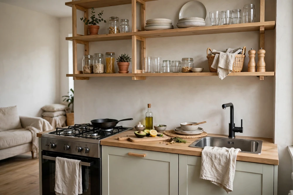 Studio apartment open shelving