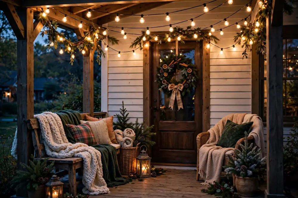 Warm string lights porch canopy