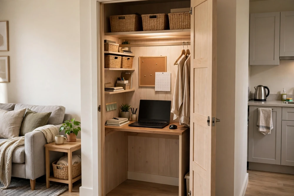 Small apartment desk in closet
